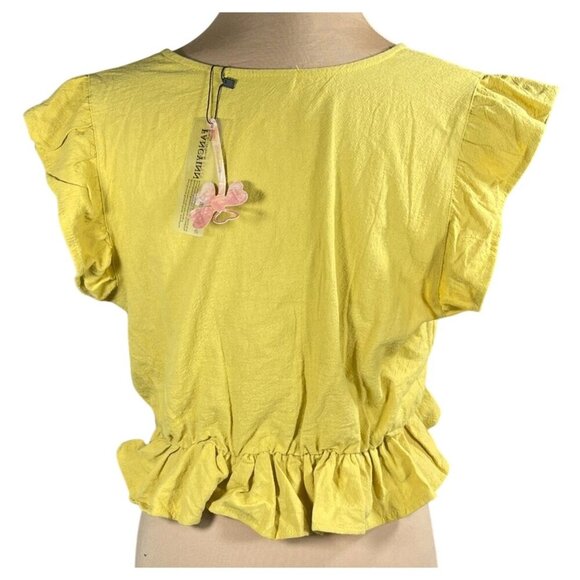 New FancyInn Cropped Top V-Neck Ruffle Mustard Yellow Size M Medium - Picture 3 of 5